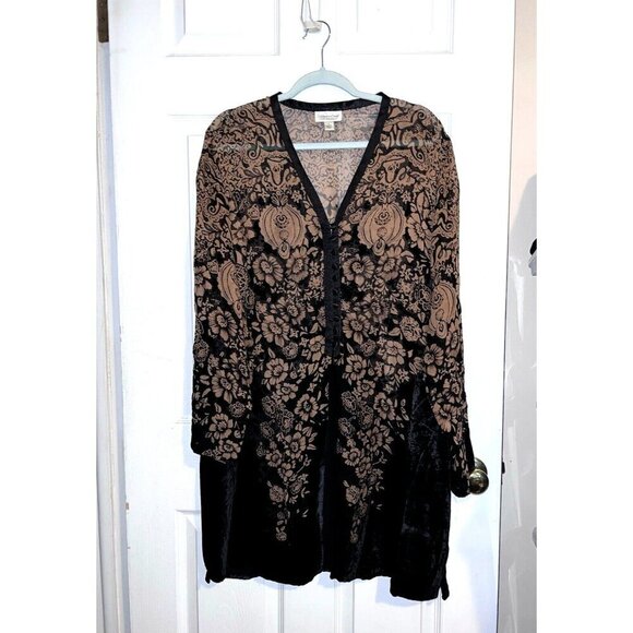COLDWATER CREEK Floral Silk Rayon Black Velvet Long Sleeve Tunic Jacket - Picture 2 of 16